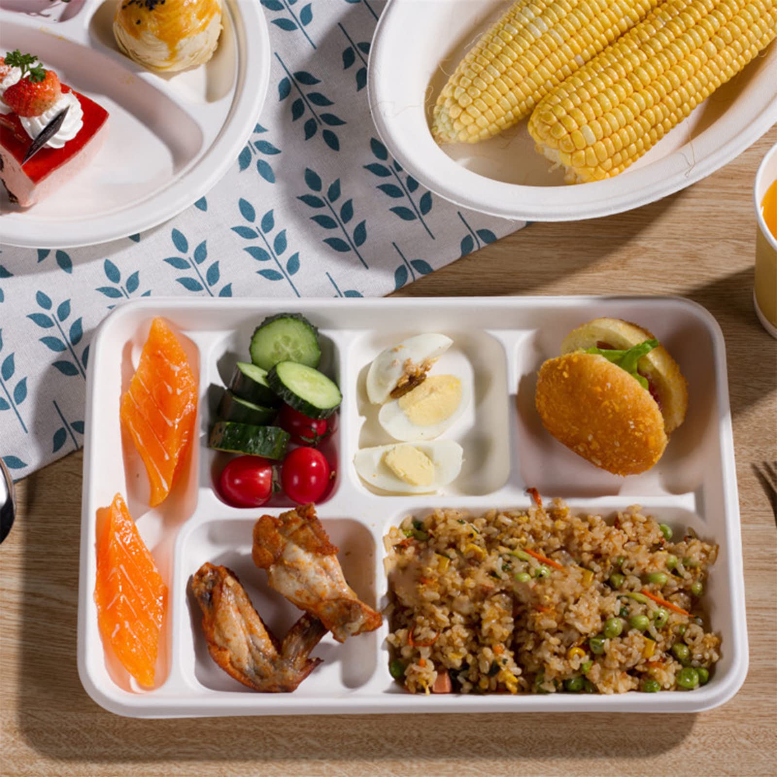 Bekith Confezione da 60 piatti di carta usa e getta a 6 scomparti, 100% bagasse concimabile per il pranzo scolastico, piatti sezionali resistenti ecologici in fibre di canna da zucchero