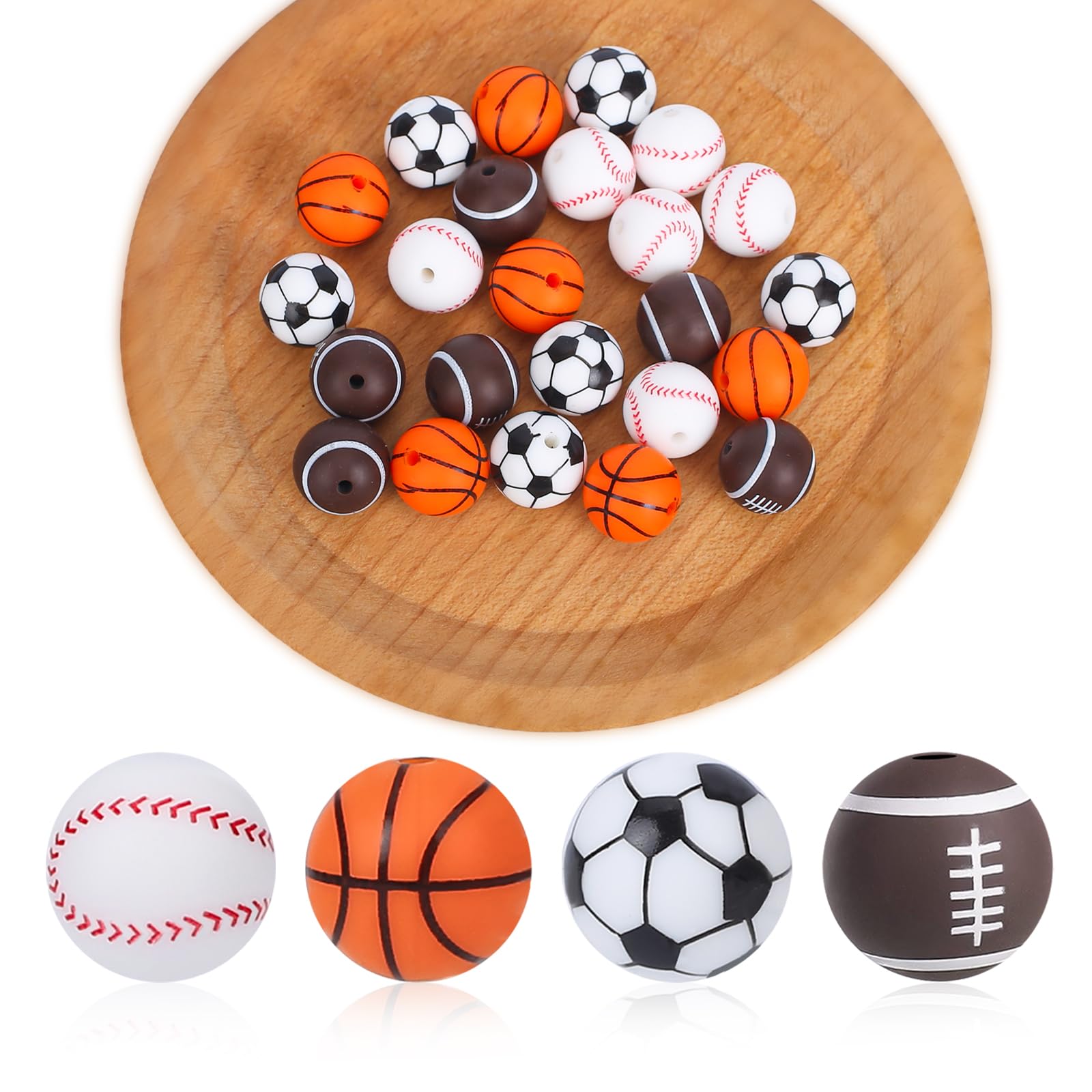 DanLingJewelry Lot De 20 Perles En Silicone 15 Mm Sur Le Thème Du Sport – Basketball, Football, Volleyball Pour La Fabrication De Bijoux