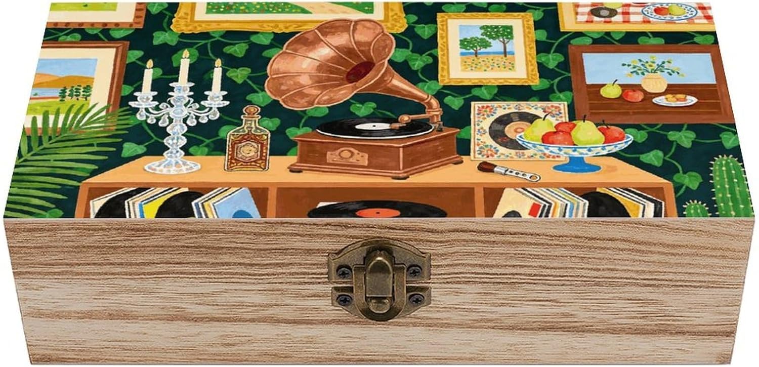 Retro Music Theme Large Wooden Storage Memory Box with Lid