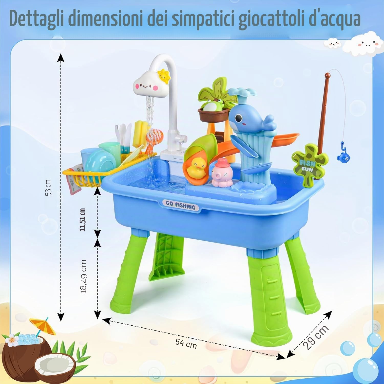 Tavolo Acqua Bambini 4-in-1 con Pompa e Acqua Corrente, Lavandino Giocattolo con Pesca Simulata, Giochi Acqua per Esterno Giardino, Tavolo Acqua per Bambini 3+ Anni (Blu, Senza Batterie)