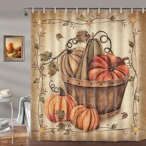 Wathon Cortina de ducha de calabaza, decoración de baño, cosecha de otoño, retro, rústica, decoración de temporada, granja, Acción de Gracias,