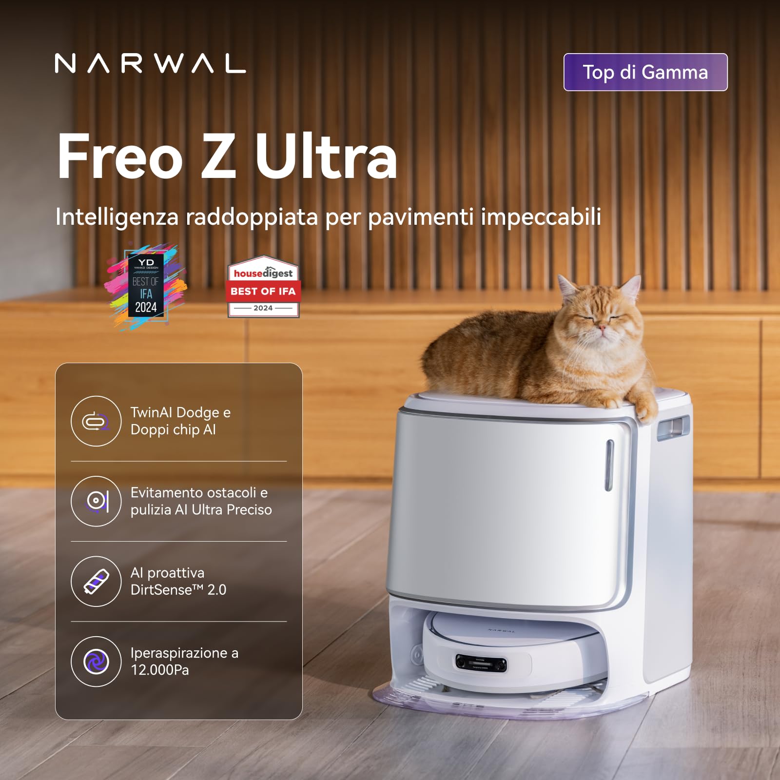 NARWAL Freo Z Ultra Robot Aspirapolvere e Lavapavimenti con Doppi Chip AI e Twin AI Dodge, Evitamento degli ostacoli AI Ultra-Preciso, Aspirazione 12000 Pa, Spazzola a Rullo Avvolgente Anti-pelo 2.0