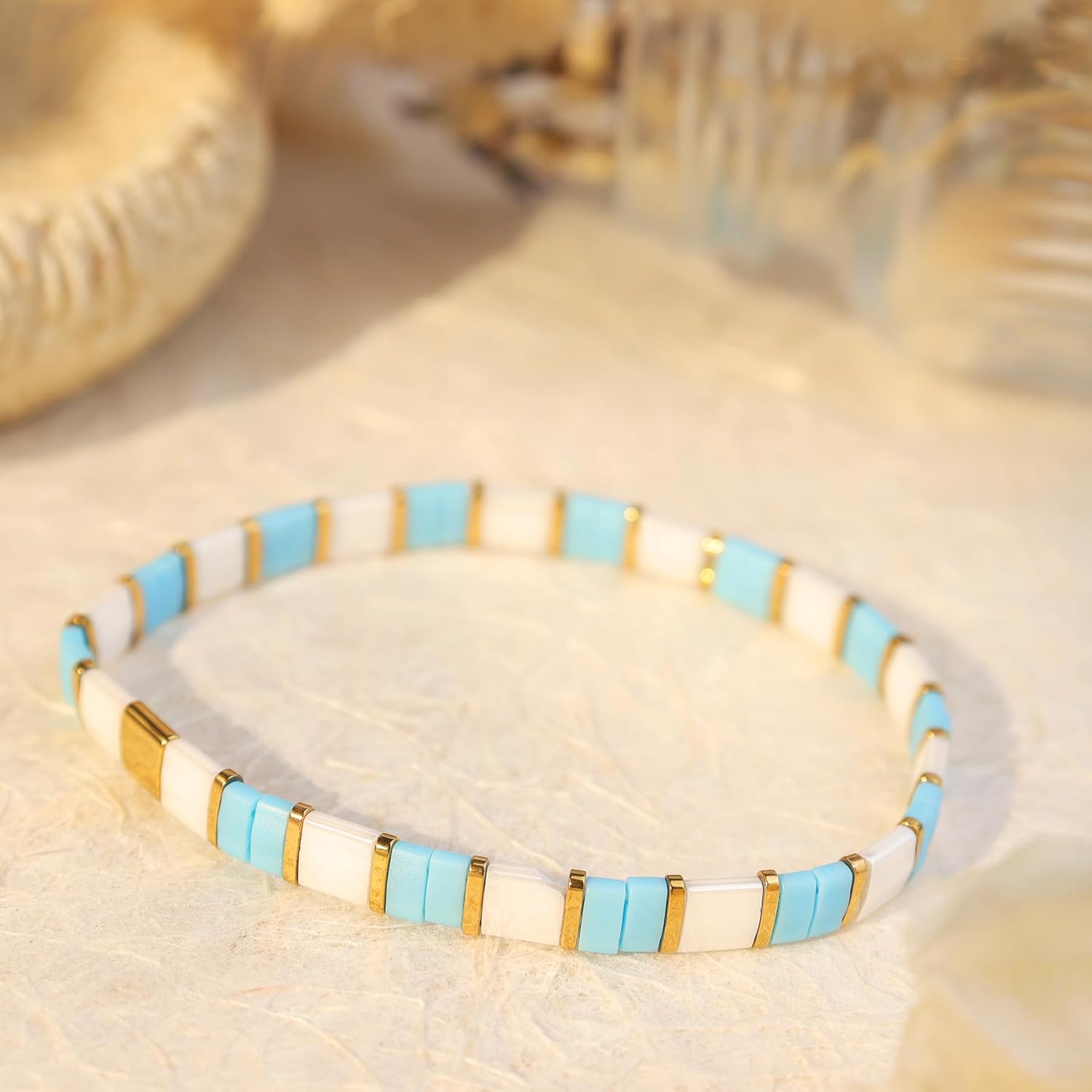 Tila Flat Beaded Stretch Bracelets for Women, Trendy Unique Handmade Stackable Green Blue Square Beads Miyuk Link Bracelet Summer Jewelry Gift - Image 3