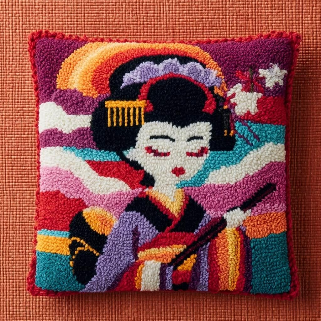 AxiangziK Latch Hook Cushion Kit,Geisha DIY Throw Pillow Cover 43X43Cm