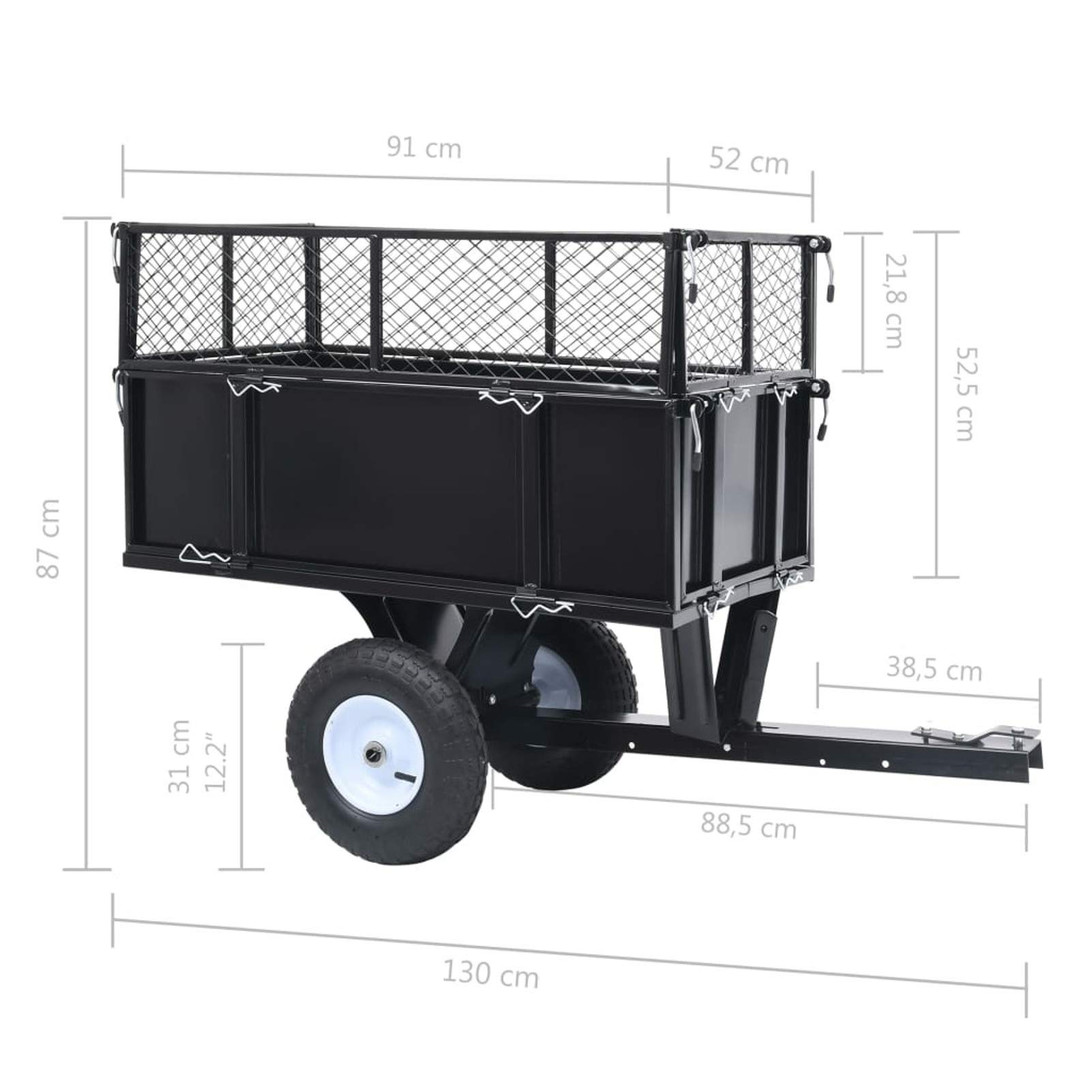 Remolque para tractor cortacésped con ruedas neumáticas, carro de jardín de 150 kg de carga