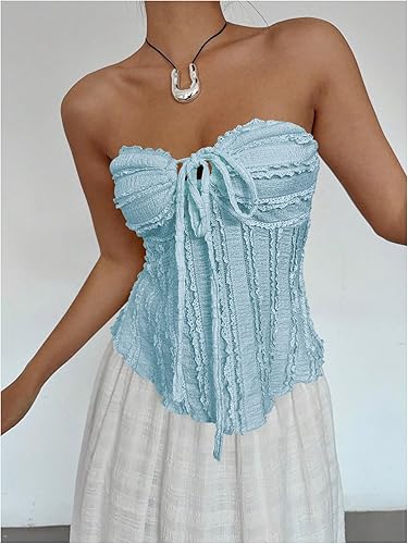 Miniatura 4 de SOLY HUX Top de tubo asimétrico sin tirantes con ribete de volantes para mujer