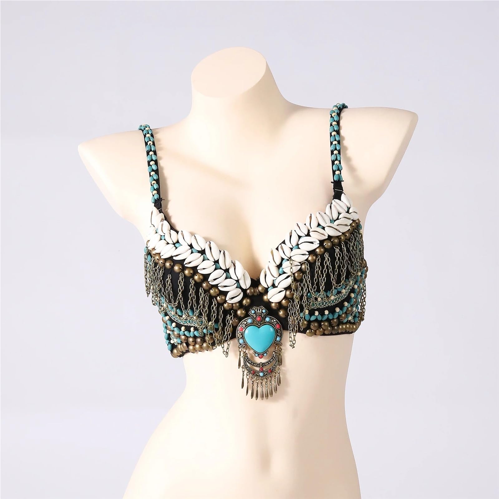 Reggiseno da donna for danza del ventre tribale push up Conchiglie Perline Top Accessori zingari vintage Monete con medaglione turchese Per Donne