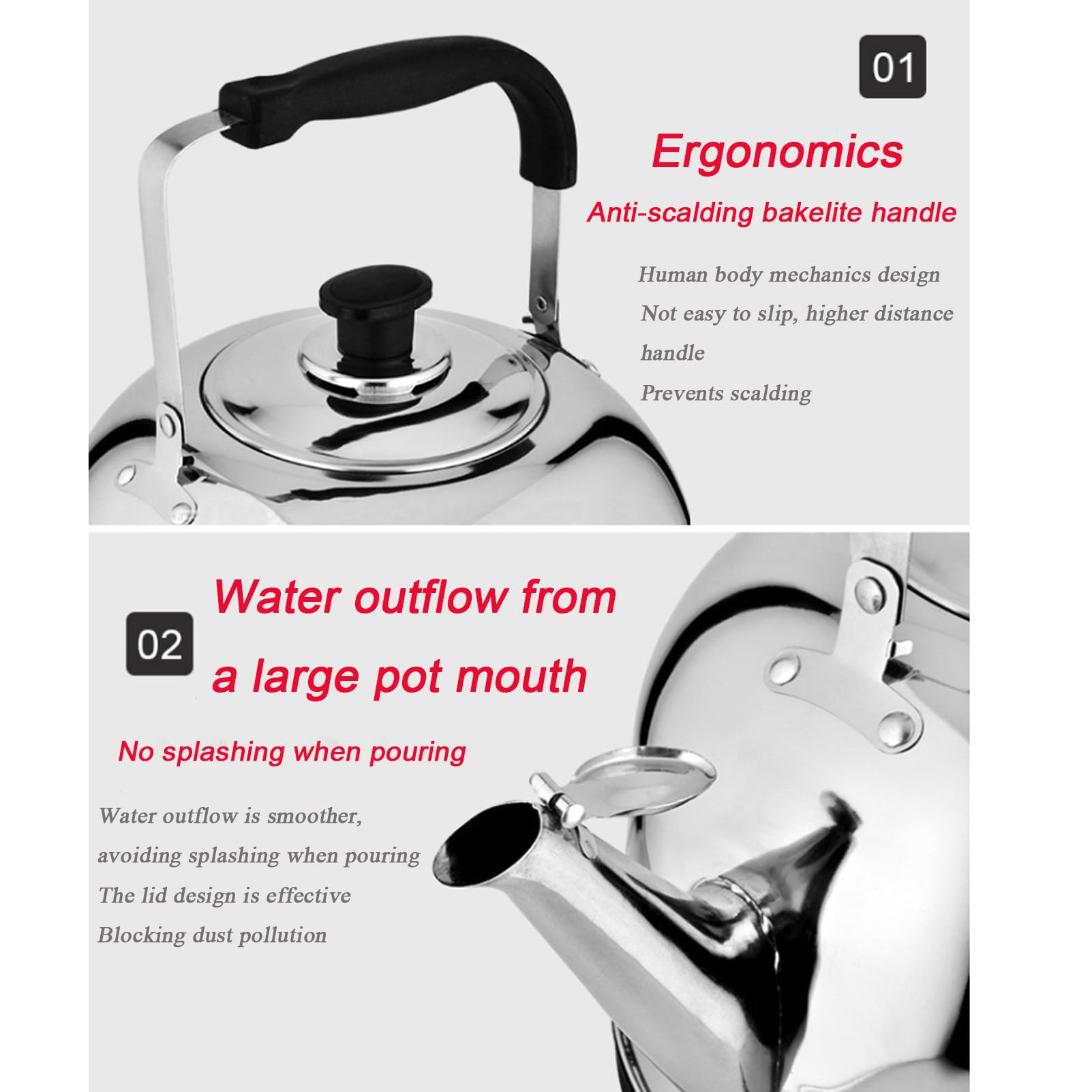 Hervidor de agua de gran capacidad, acero inoxidable 304 cepillado, mango anti-escaldaduras, apagado automático, 1500 W, 8 L, plateado, 8 L