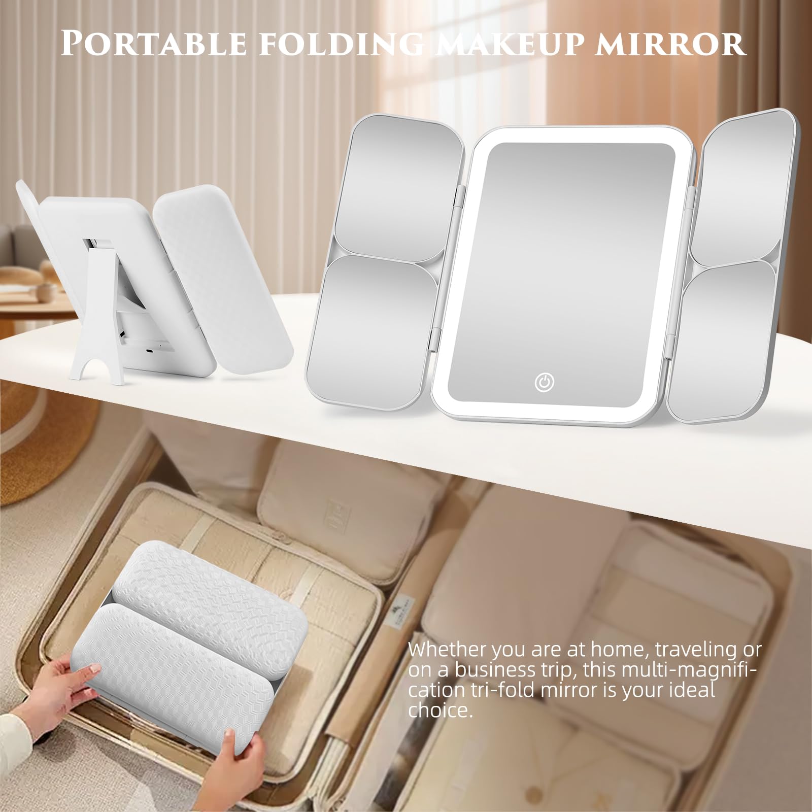 Tri-Fold Vanity Mirror with Light, Magnification and Rechargeable Design
