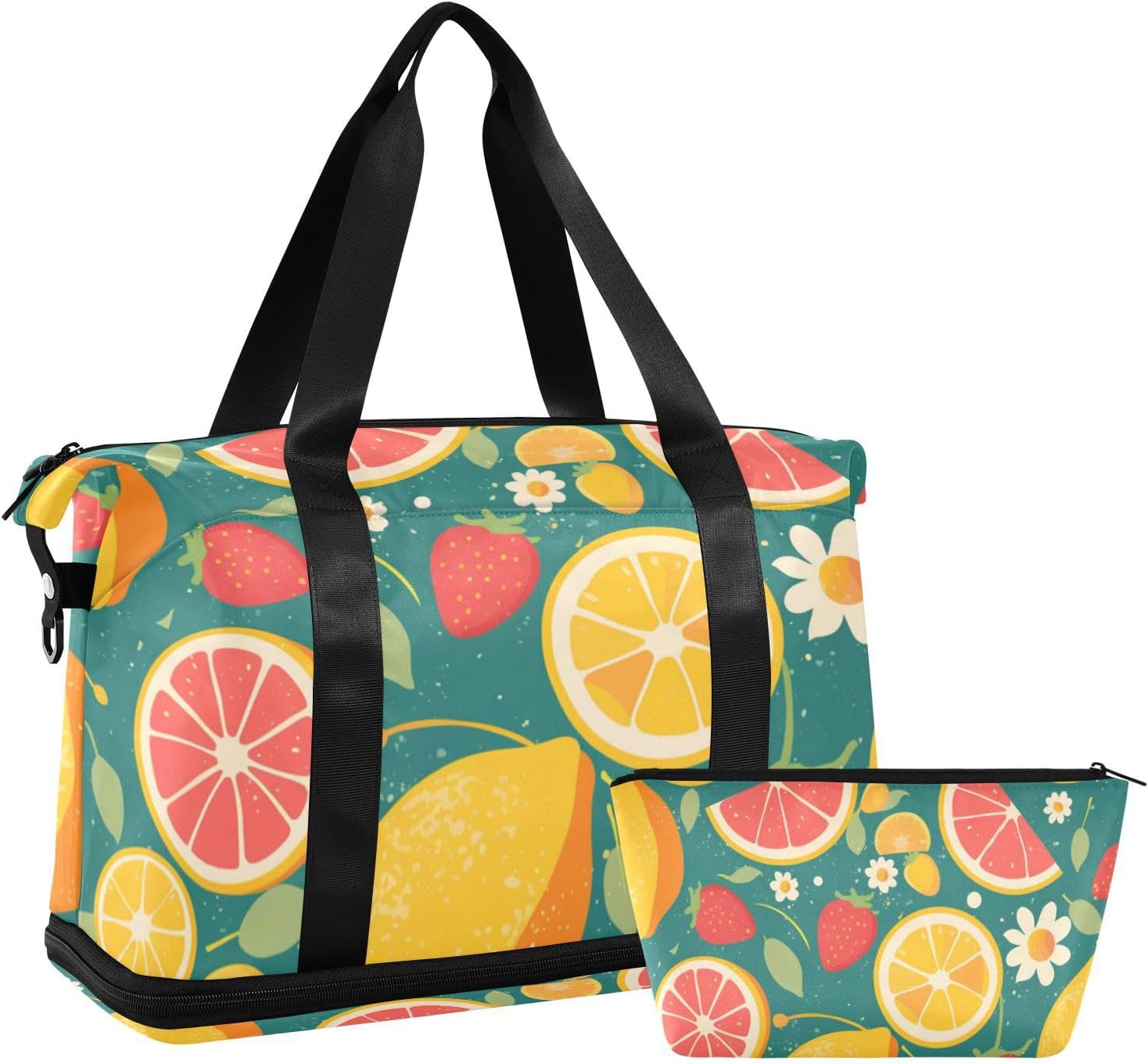 Summer Fresh Fruits Colorful Travel Tote Gym Bag Weekender Overnight Bag with Toiletry Bag for Sports Multifunctional