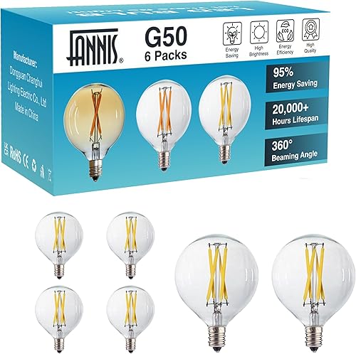 Miniatura 7 de FANNIS Paquete de 6 bombillas G16.5LED, equivalente a 4 W, 25 W, 40 vatios, bombilla Edison blanca de 5000 K, base E12 de vidrio transparente G50,