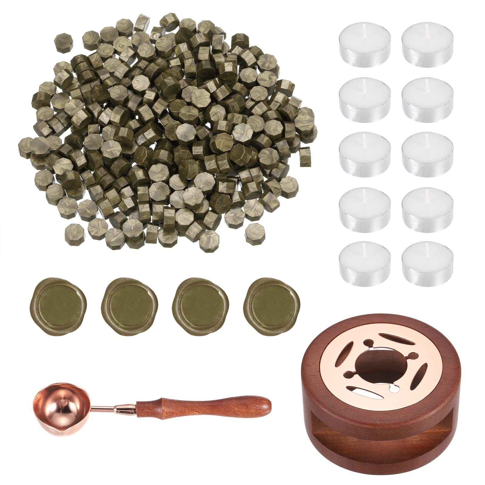 PATIKIL Wax Seal Kit, 300 Pcs Wax Sealing Beads, Wooden Warmer, Melted Spoon, 10 Pcs Tealight Candles for Envelope Letter Mailing Crafts DIY, Bronze