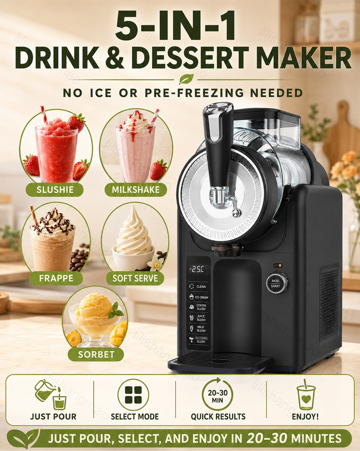 Máquina De Granizados Autolimpiante: Vierte El Líquido, Gira La Perilla Y Prepara Helado, Granizado, Batido, Frappé De Café Y Sorbete De Frutas. Máquina De Granizados De 2 litros Black