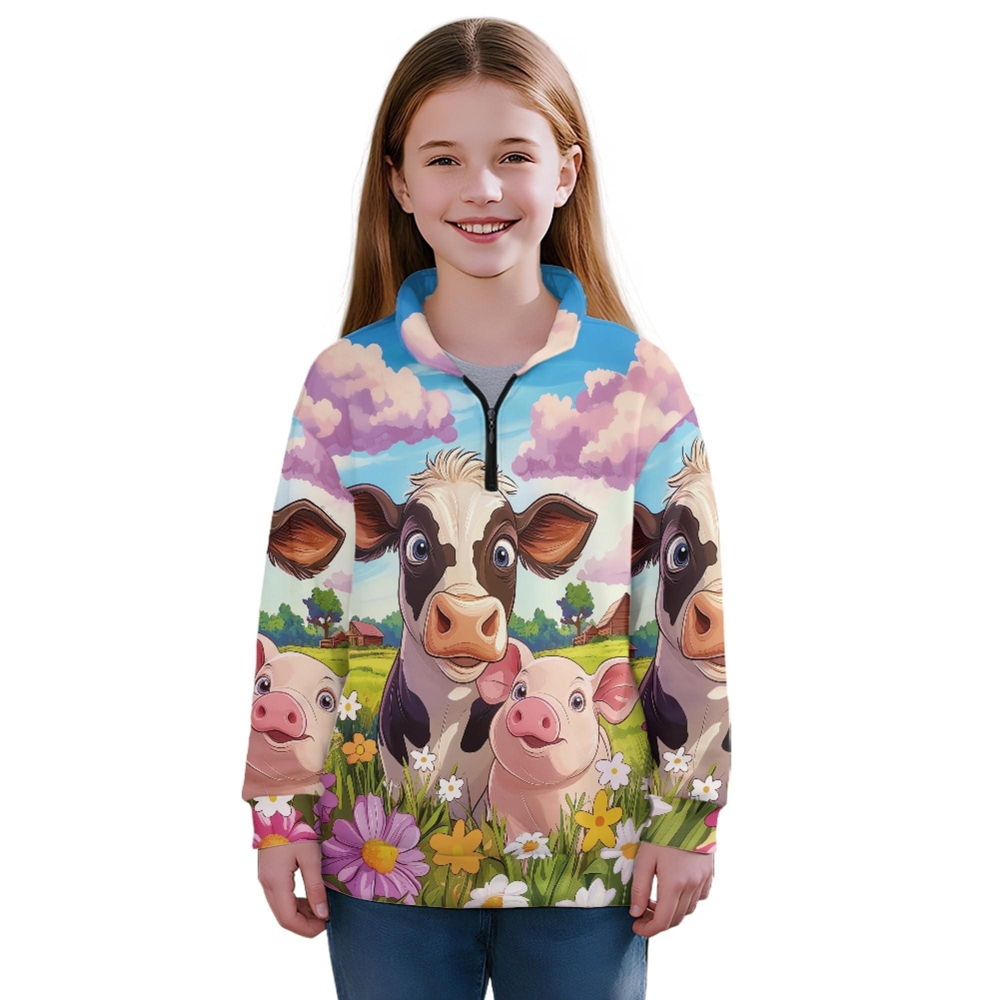 AmzPrint Half Zip Pullover Jackets Girls Long Sleeve Warm Pullover Back To School Running Oversized Hoodie For Big Girls