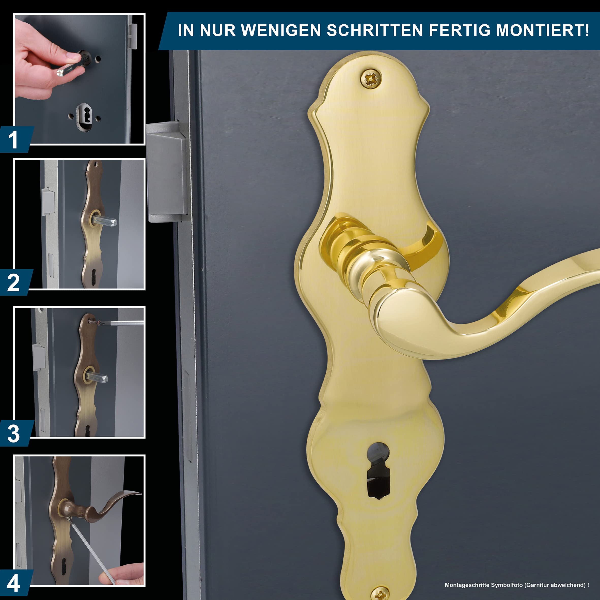 Türbeschlag 4er Set, Messing poliert für 3 x Zimmertüren und 1 x Bad/WC Türe, Türklinke Türgriff Türbeschlag