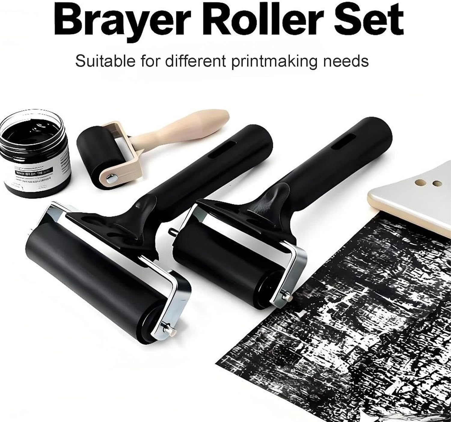 3-Pack Hard Rubber Brayer Rollers, 1.4/2.4/4 Inch for Printmaking, Ink Stamping, Gluing, Wallpaper, Anti-Skid Tape Application - Art Craft & Construction Tools