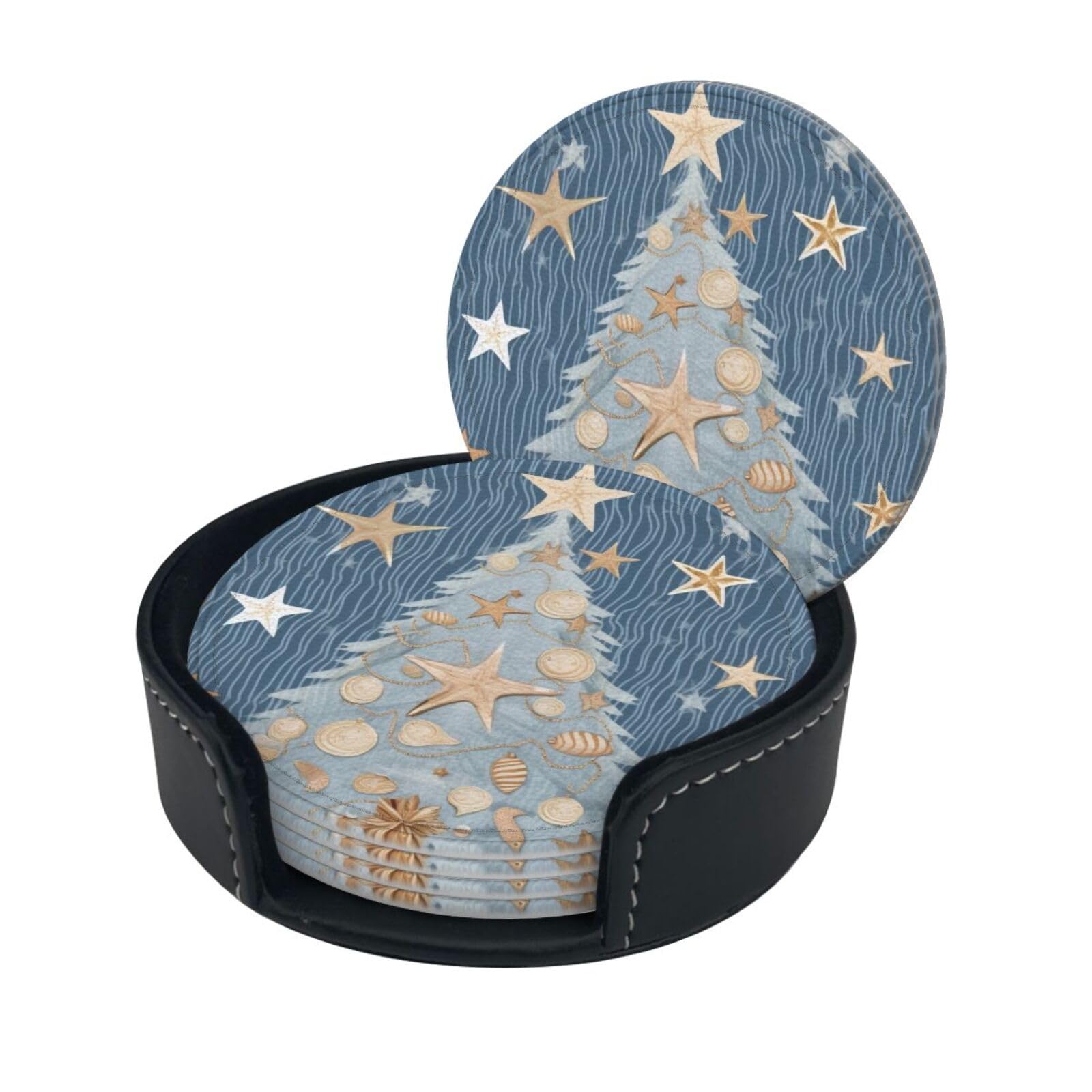Stylish Coasters - Seashell Christmas Set of 6 Round Leather Drink Coasters with Holder - Perfect Size for Cups and Glasses