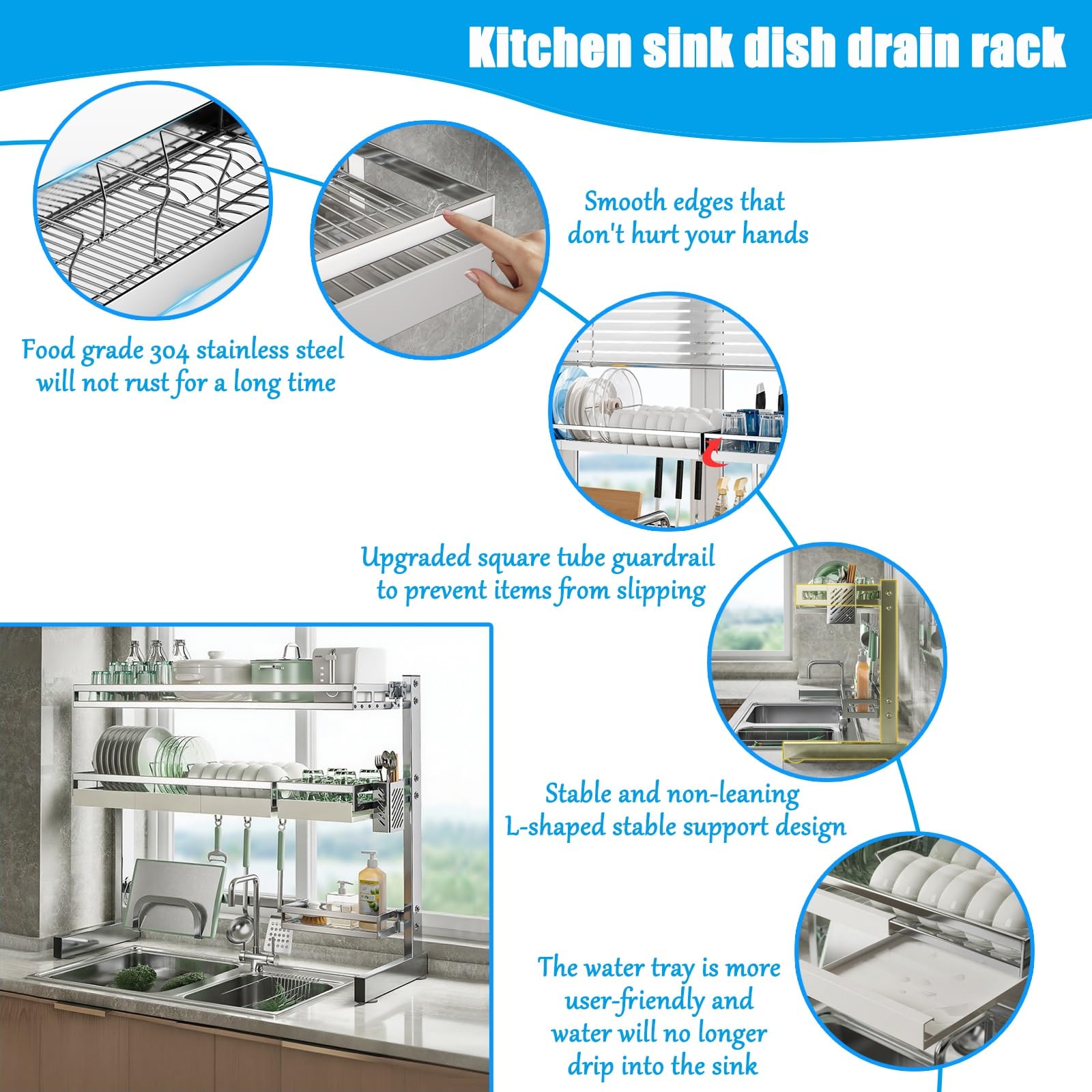 Escurreplatos de cocina de 2 niveles, 25 pulgadas, acero inoxidable 304 duradero, diseño que ahorra espacio, resistente al óxido, ideal para la organización del hogar y la cocina
