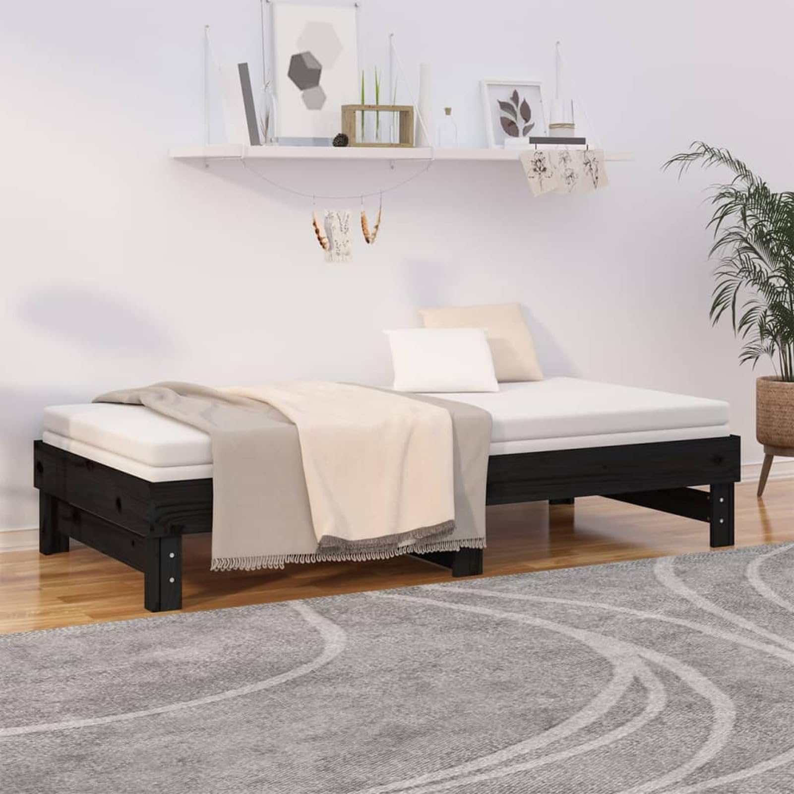 Homgoday Dormeuse Estraibile Nera 2X(90x190) cm Legno Massello di Pino, Divano Letto Dormeuse, Divano Moderno, Divani per Esterno da Giardino, Divano Salotto, Esterno Arredamento Giardino