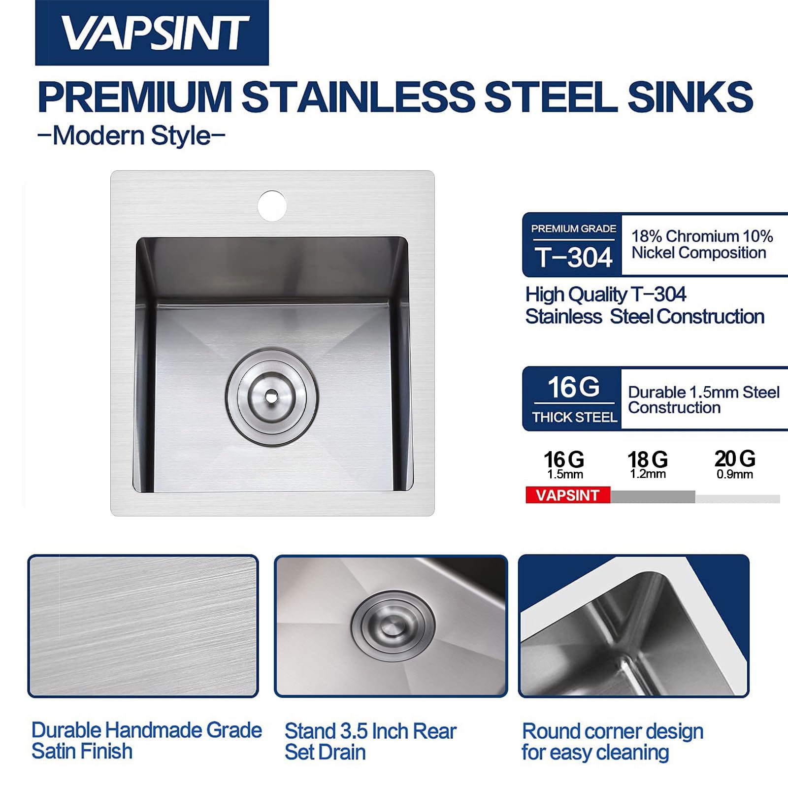 VAPSINT 38,1 x 38,1 cm Drop-In Bar Spüle, Topmount Einzelschüssel, handgefertigt, 16 Gauge, Edelstahl, kleine Küchenspüle für Nassbar, Vorbereitung von Wohnmobil, Outdoor, mit Gitter und Abflusssieb