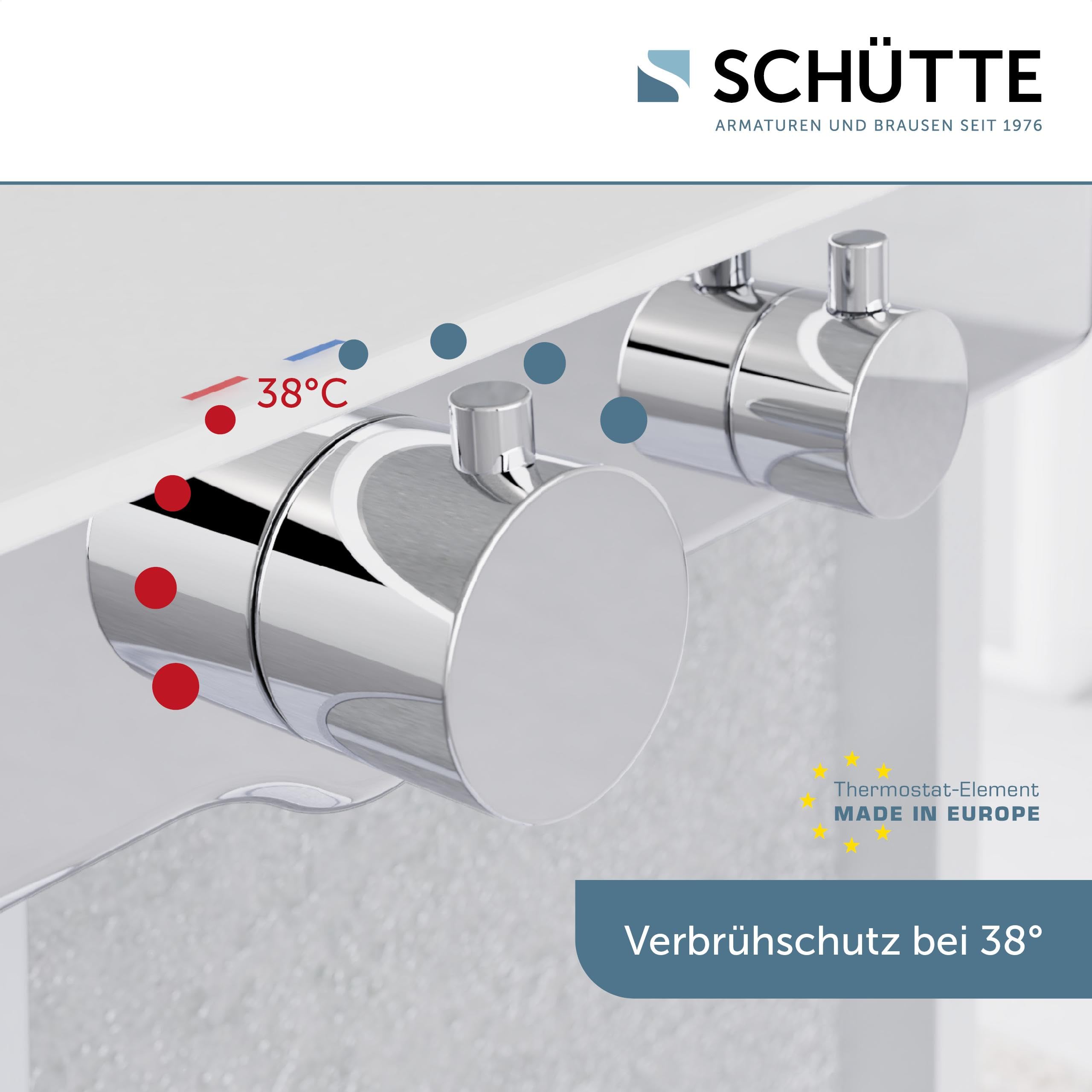 SCHÜTTE 60535 Ocean Thermostat Duscharmatur Set, Mischbatterie Verbrühschutz bei 38 Grad, Armatur Einhebelmischer Dusche mit Ablage aus Sicherheitsglas, Weiß