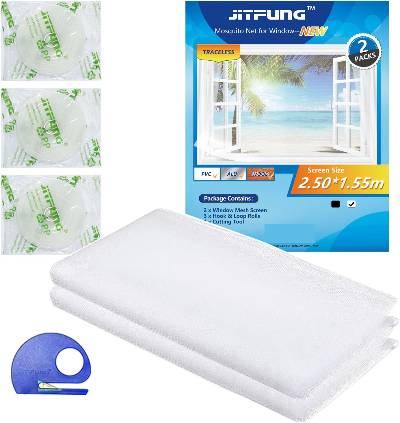 DIY Fly Screen for Windows, 2 Pieces of Mosquito Net Insect Mesh with Cutter, 98x61 inches, with 3 Rolls Self-Adhesive Hook Tapes, White (Honeycomb, Set of 2)