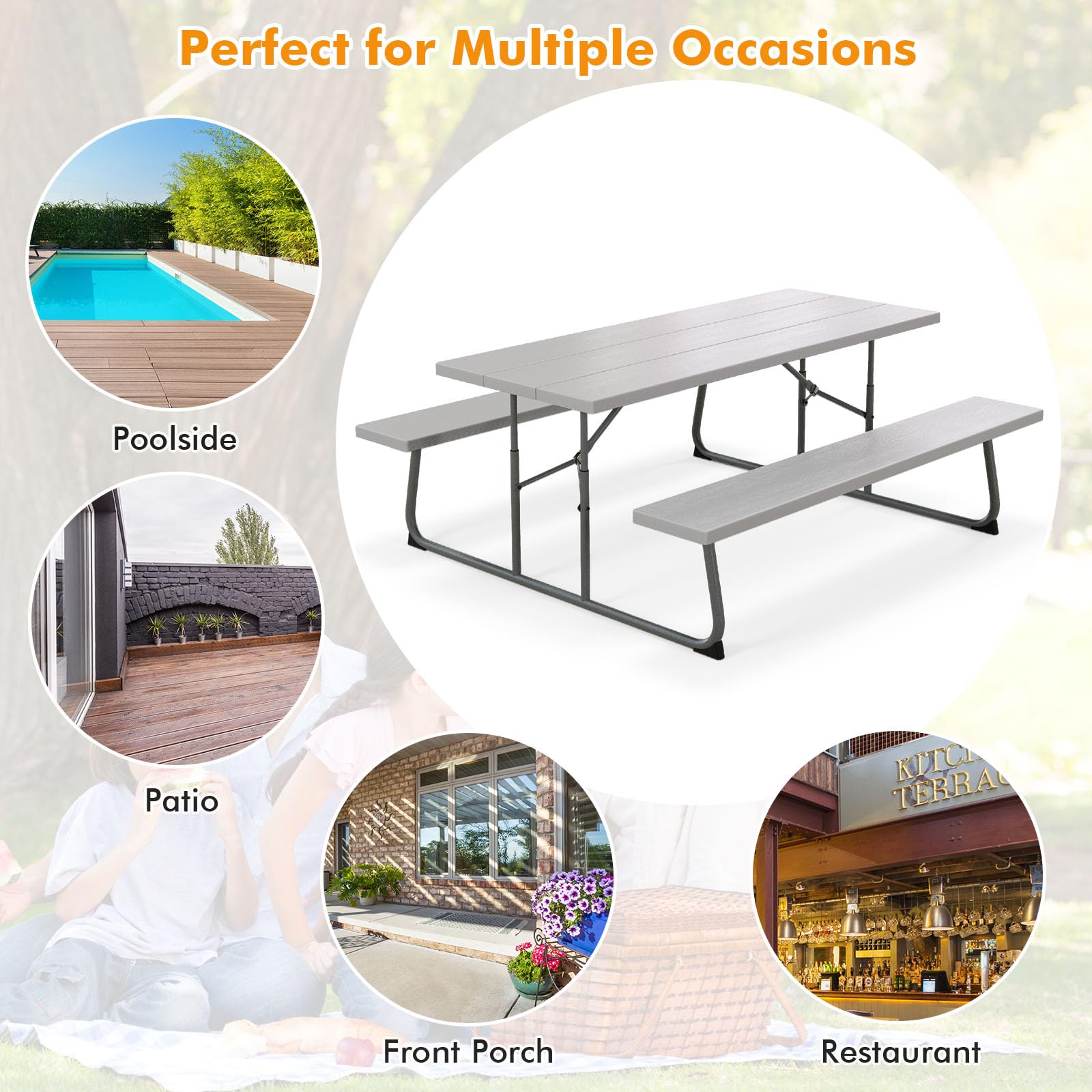 GIANTEX Set tavolo da picnic con panchine, set di mobili da giardino pieghevole per 8 persone con telaio in metallo piano in HDPE, 183 cm foro per ombrellone, grigio