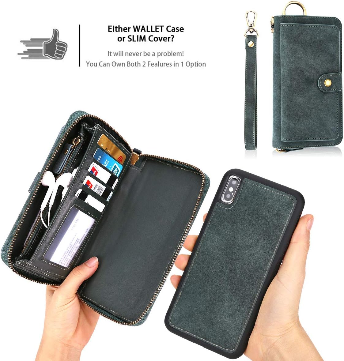 Petocase Compatible iPhone Xs/10s Max Wallet Case, Multi-Function Zipper Purse with Detachable Magnetic Back Cover Wristlets 13 Card Slots & 4 Cash Pocket for Apple iPhone Xs/10s Max Green