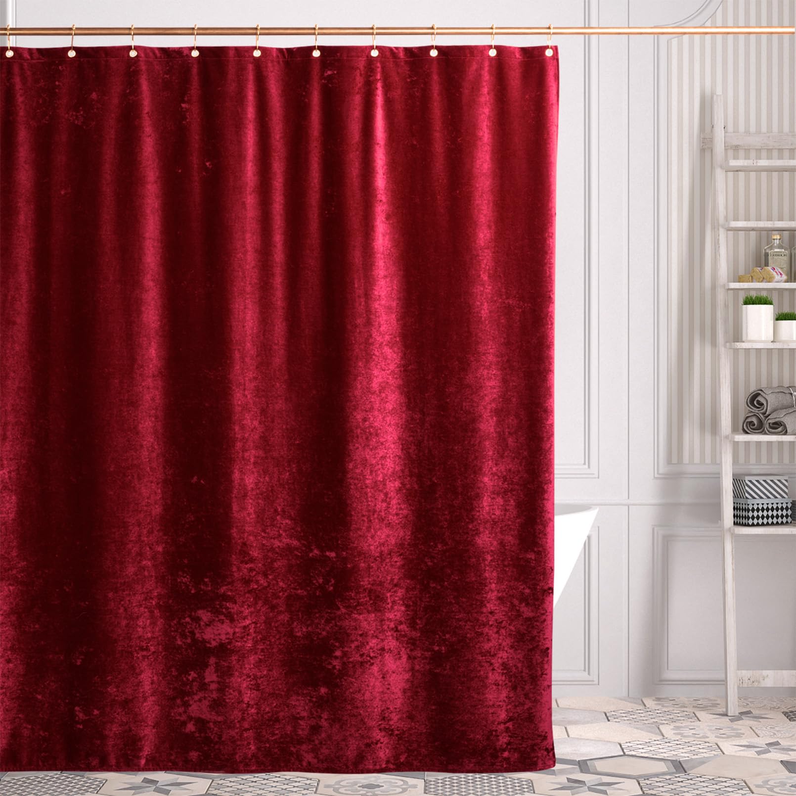 TAMGHO Tenda da doccia rossa per bagno, lussuosa tenda da doccia in velluto riccio rosso, tenda da doccia scura con ganci in metallo dorato Decro, tessuto spesso lavabile in lavatrice, bordeaux, 183 x