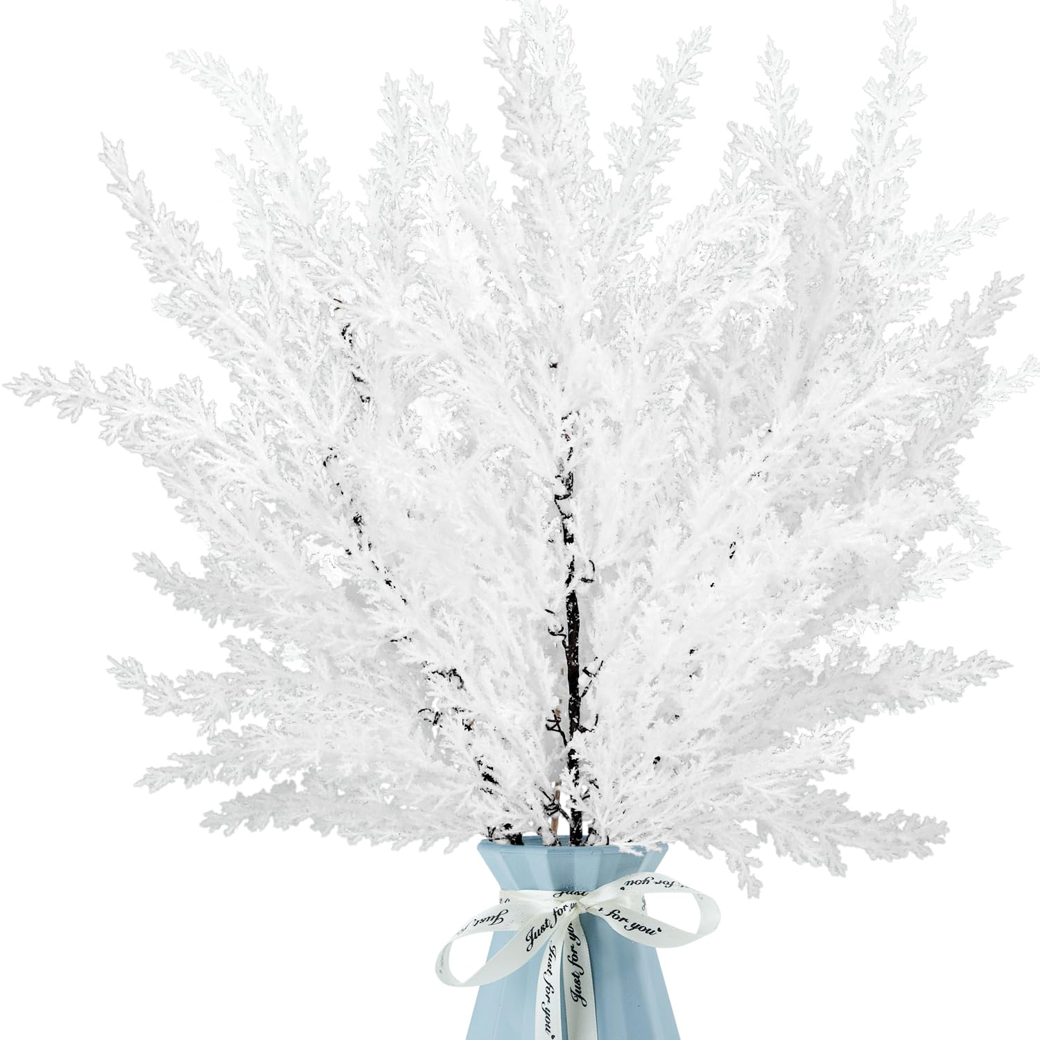 KKSTY 3 Pcs Artificial Cedar Branches,18inch White Christmas Picks Frosted Cedar Sprigs Fake Foliages Pine Twigs for for Christmas Decorations Vase Filler Garland Wreath Making Supplies DIY Crafting