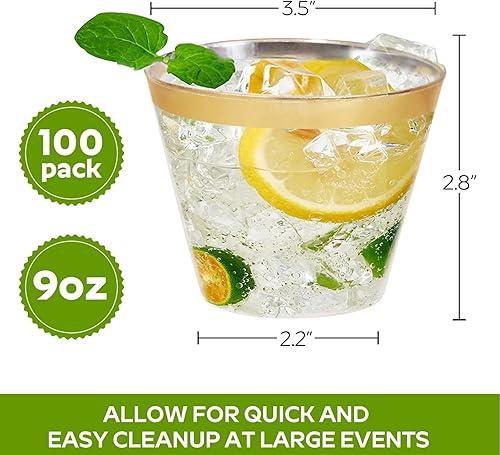 Miniatura 2 de Tobvory Paquete de 100 vasos de plástico dorado  Vasos de plástico transparente duro de 9 onzas vasos desechables de primera calidad para cóctel y