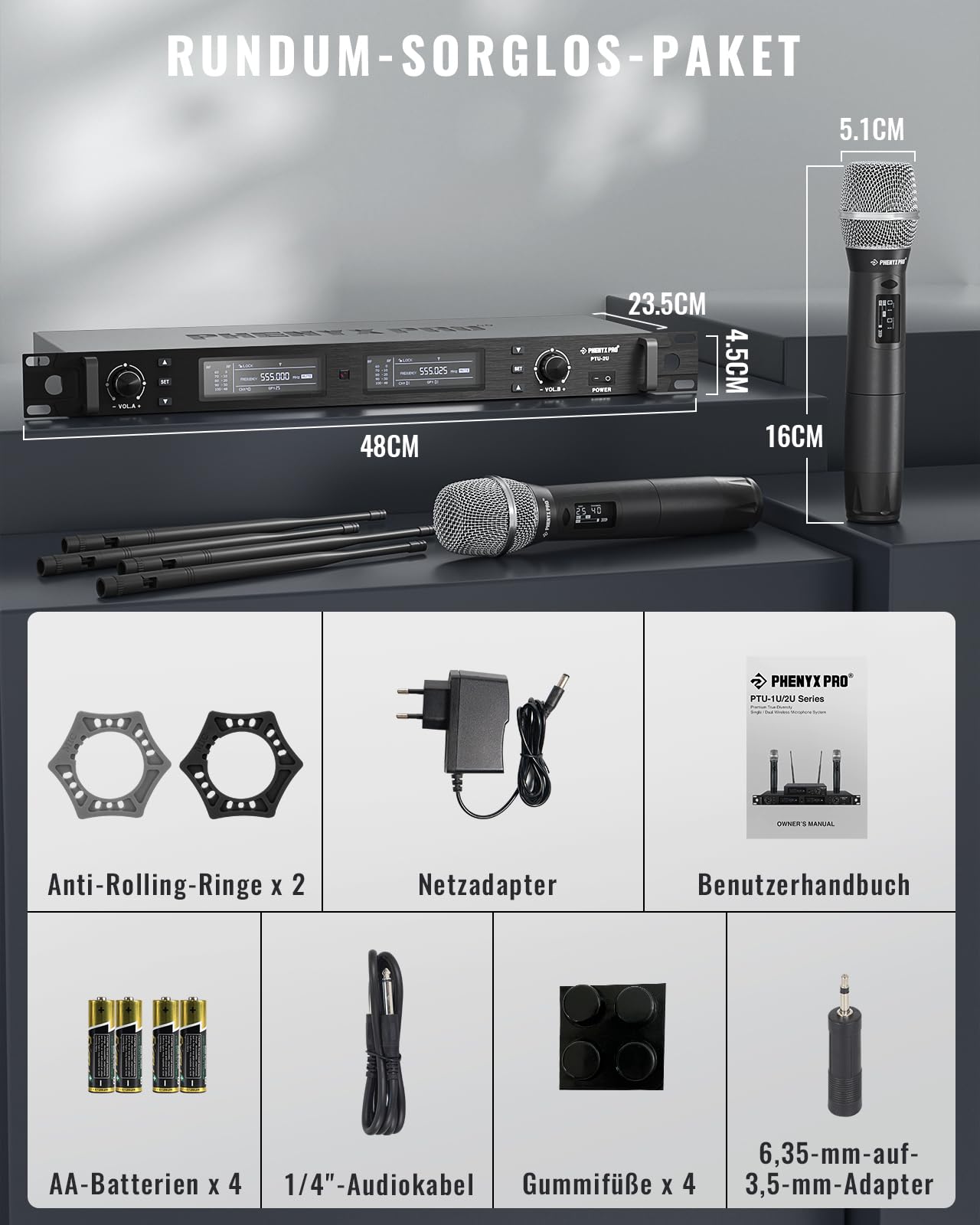 Phenyx Pro Dual UHF True Diversity Funkmikrofon-System PTU-2U-2H | Auto-Scan, 2 x 1000 Kanäle, 328 ft Reichweite, IR-Sync, Dynamische Handmikros, Gesang, Bühnengesang, Studioaufnahme