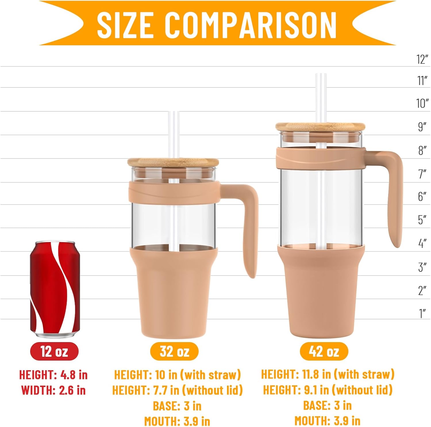 Tronco 40 oz Glass Tumbler with Straw and Lid, Reusable Iced Coffee Cup with Handle, Glass Water Bottles for Smoothie, Fits Cup Holders, Lead-Free, BPA-Free - Image 7