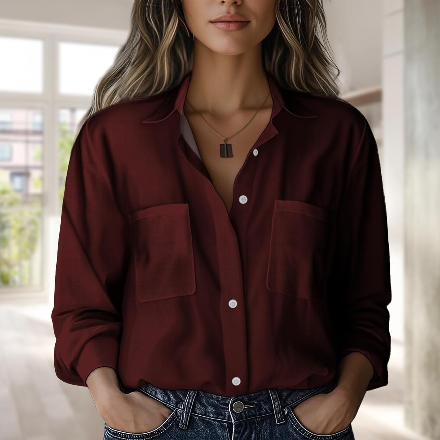 Plaid Shirts for Women Cool Fitness Basic V Neck Collar Undershirt Button Down Trendy Formal Shirt - Image 2