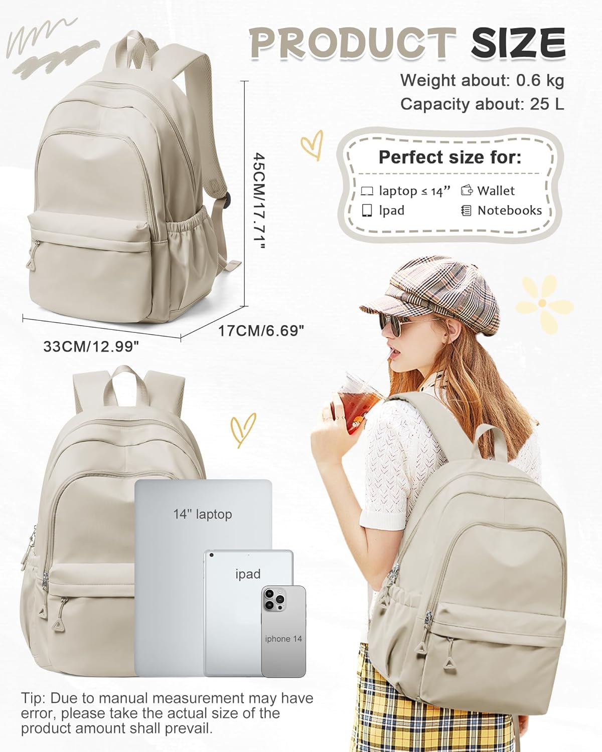 BJLFS Khaki School Backpack for Girls Women Waterproof High School Book Bag Cute Backpack for Men Teens Boys, Lightweight Simple Middle School Back Pack Daypack - Image 3