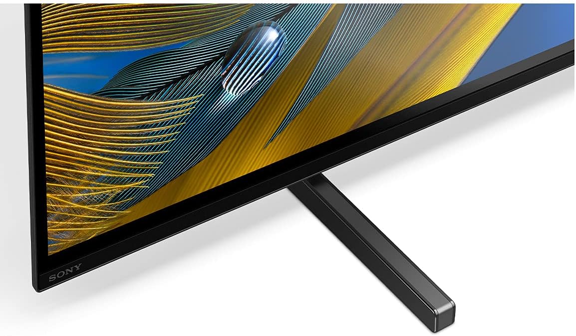 Close-up view of the television stand attached to the bottom of the Sony A80J TV