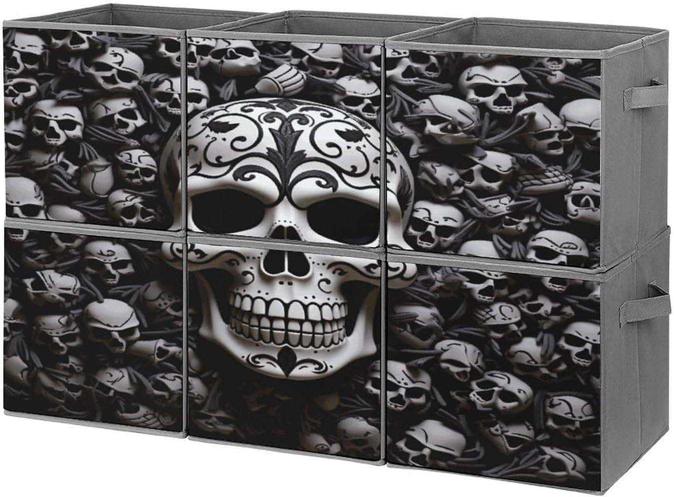 Multi Use Organizer Bins, Black And White Skulls Printed Storage Bins, Foldable Storage Baskets Are Suitable For Bedrooms, Offices, And Cars