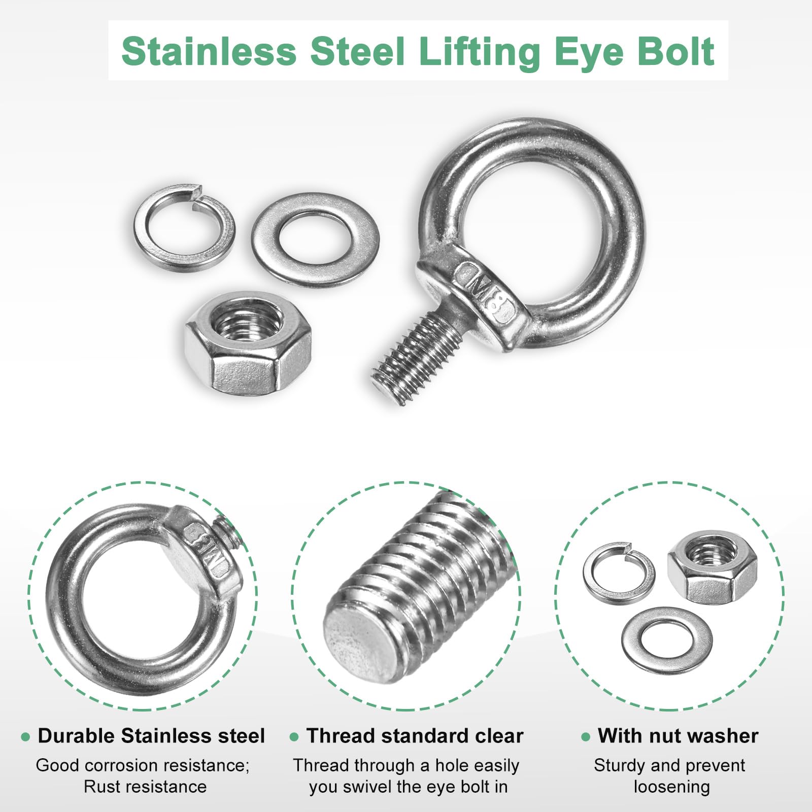 M METERXITY 4-Sets Stainless Eyebolt M8x14mm Shoulder Lifting Eye Bolt with Nuts Washers Male Screw Thread Ring Shoulder Eye Bolts Length 0.55 Inch for Suspending/Fastening - Image 2
