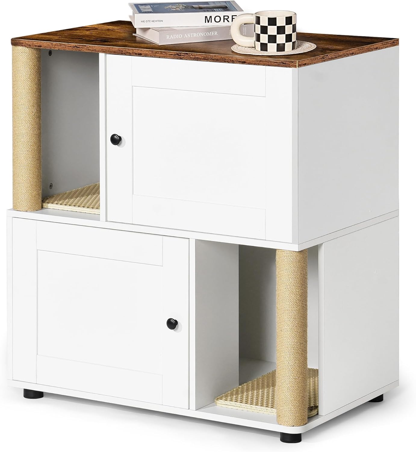Double Litter Box Enclosure for 2 Cats, 2 Tier Enclosed LitterBox Enclosure Furniture with Scratching Post and Litter Mats, Wooden Corner Cabinet Cat Washroom or Bed