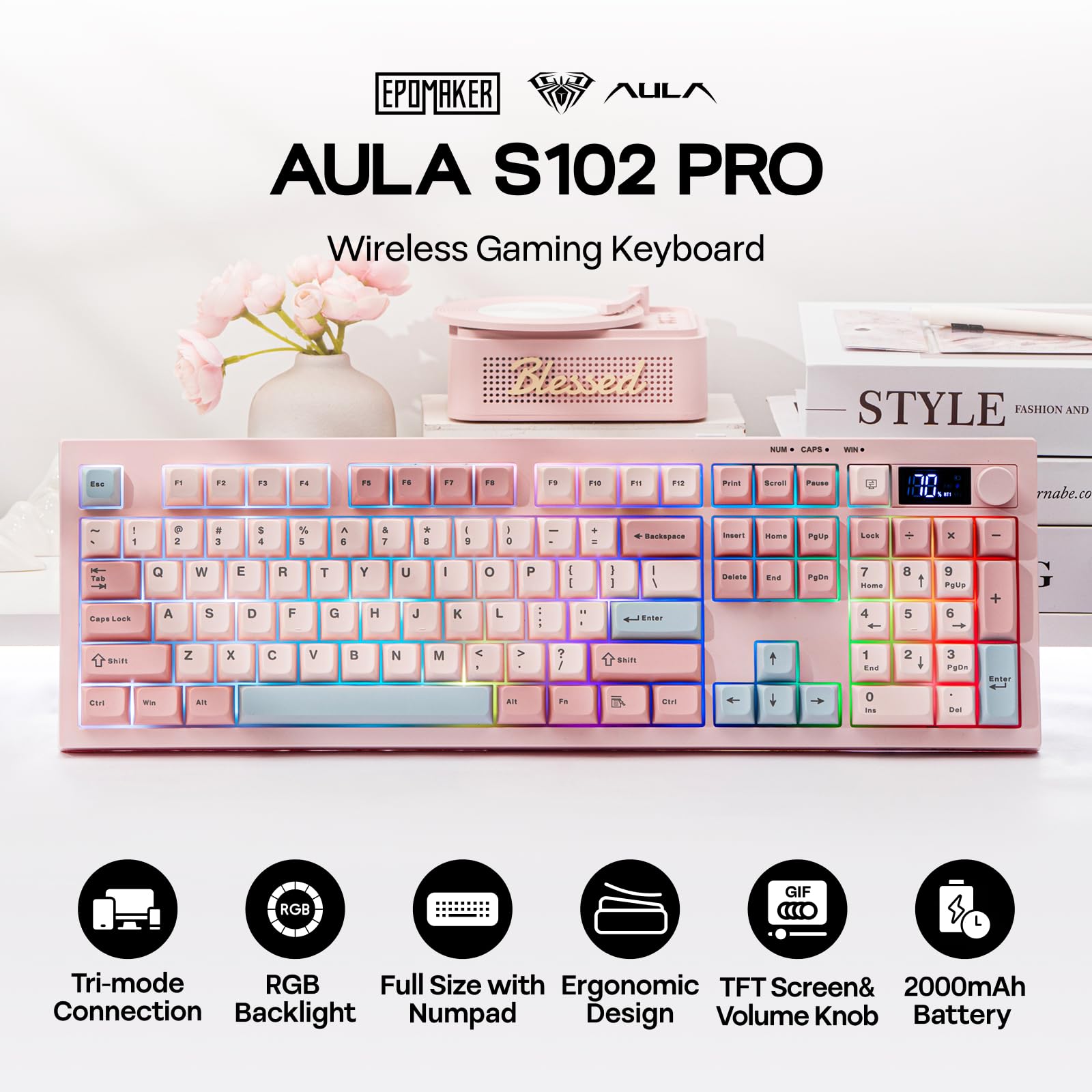 EPOMAKER Aula S102 PRO Membrane Gaming Keyboard with TFT Screen, Volume Knob & Number Pad, BT/2.4G/USB, RGB Backlit, Creamy Silicone Structure, Silent Keyboard for PC Game/Office (Pink) - 3