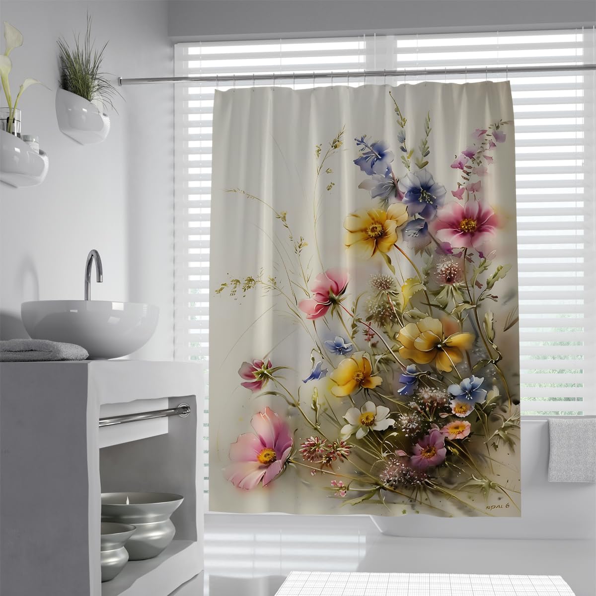 UIRINGART Colorful Wildflower Shower Curtain W180xL180cm Watercolor Botanical Plant Washable Fabric Waterproof Anti Mould Bath Screen Room Decor