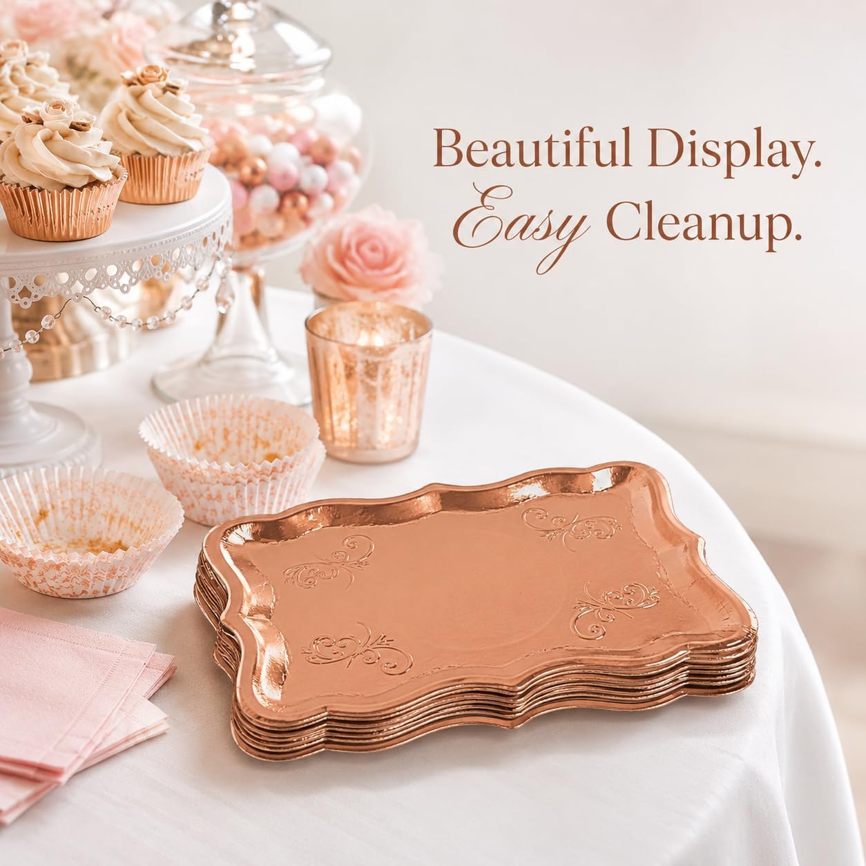 Rose Gold Serving Trays 10 Pack Heavy Duty Disposable Paper Platters