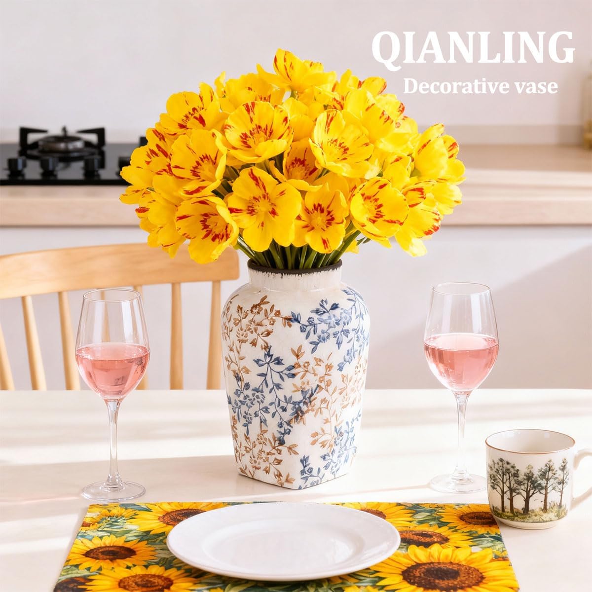 Blue and White Vintage Vase - 9.7 Inchs Chinoiserie Decor Crackle Finish Floral Vase, Rustic Farmhouse Decorative Vases for Table, Living Room, Bathroom, Shelf Decor, Mantel, Centerpieces - Image 5