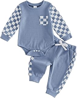 Tsultryofs Baby Boy Girl Fall Clothes Plaid Patchwork Newborn Infant Outfit | Long Sleeve Crew Neck Romper with Pants 2Pcs Set