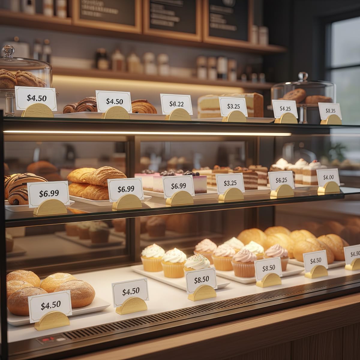 24 Pcs Wood Place Card Holders Set, Rustic Wooden 15, Half Round Photo Display Stands for Wedding, Party, Café, Restaurant, Business, Home, and Office Decoration (gold)