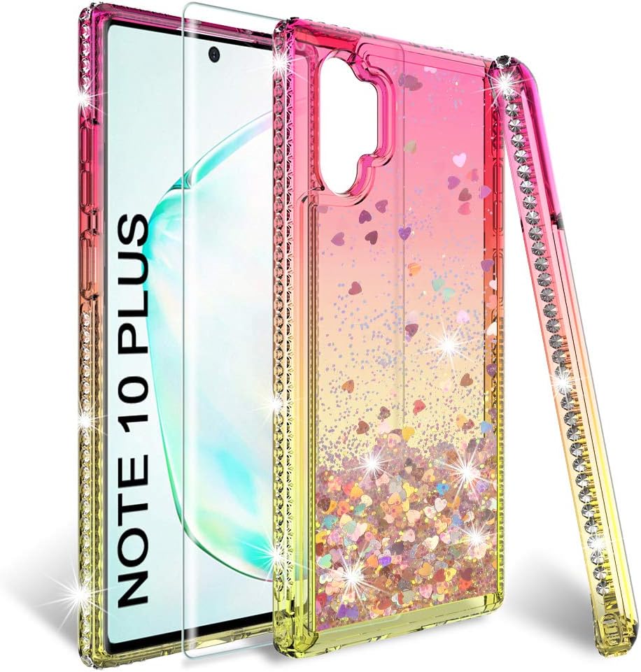 HATOSHI Samsung Galaxy Note 10 Plus Case (Not Fit Note 10) with Screen Protector [1 Pack] for Girls Women, Liquid Glitter Sparkle Bling Clear Cute TPU Phone Cover for Note 10+ (Pink/Gold)