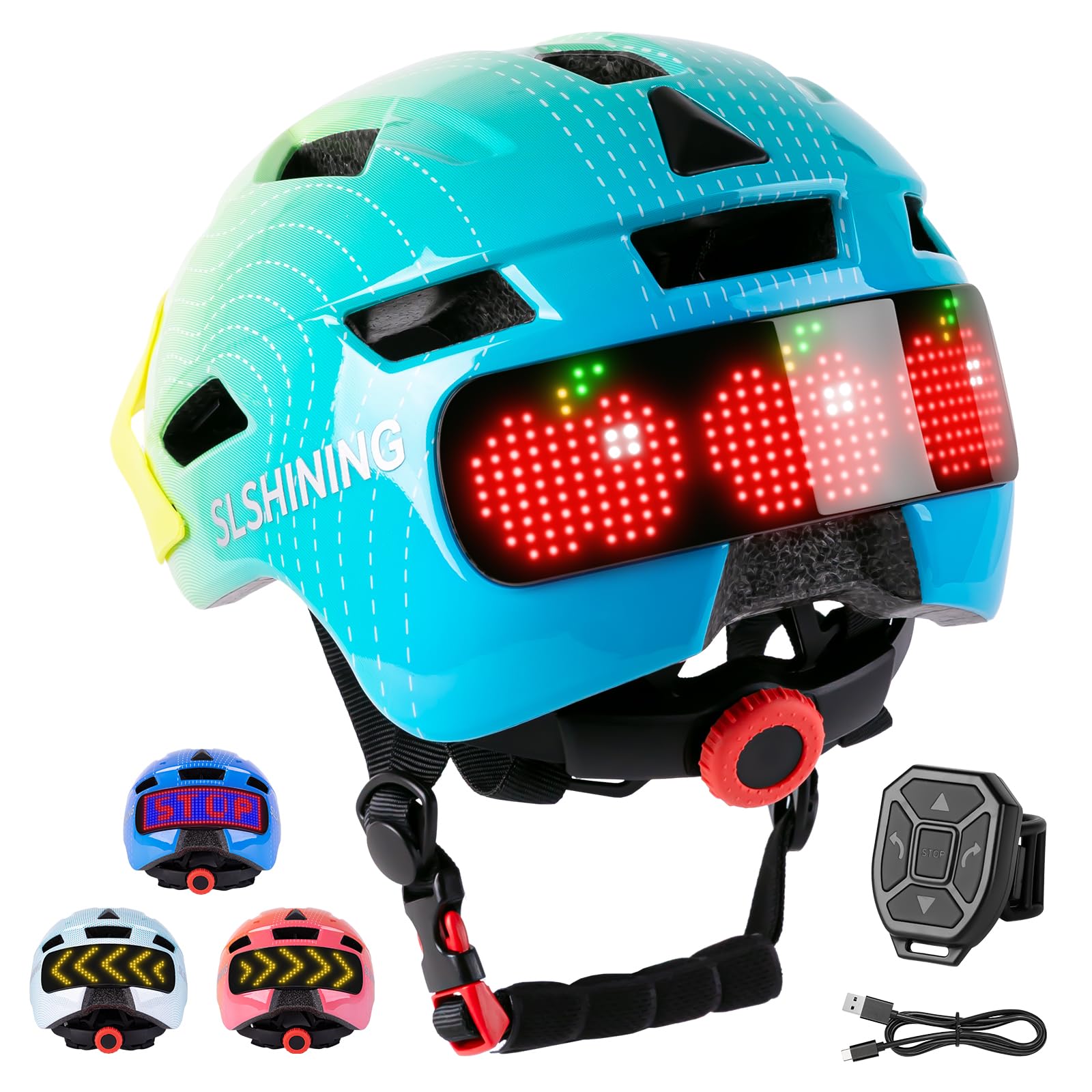 Kids Bike Helmets with LED Display, High Visibility, Turning & Stop Signal Light, Helmet for Kids 3-5, 5-8, 8-14, Adjustable for Youth Boys Girls, Safety Cycling, Scooter Blue-green gradient