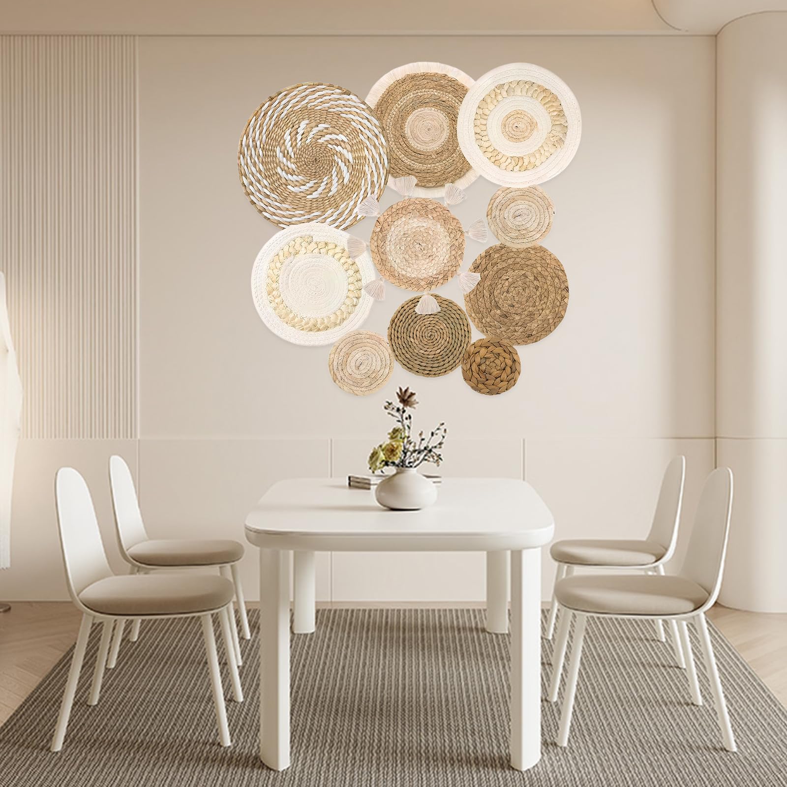 DecorDwell - Cesta de pared bohemia a mano, mimbre, decoración de pared, de ratán redondo, de ratán redondo, decoración de pared, conjuntos de mesa para comedor, dormitorio, oficina (paquete de 10)