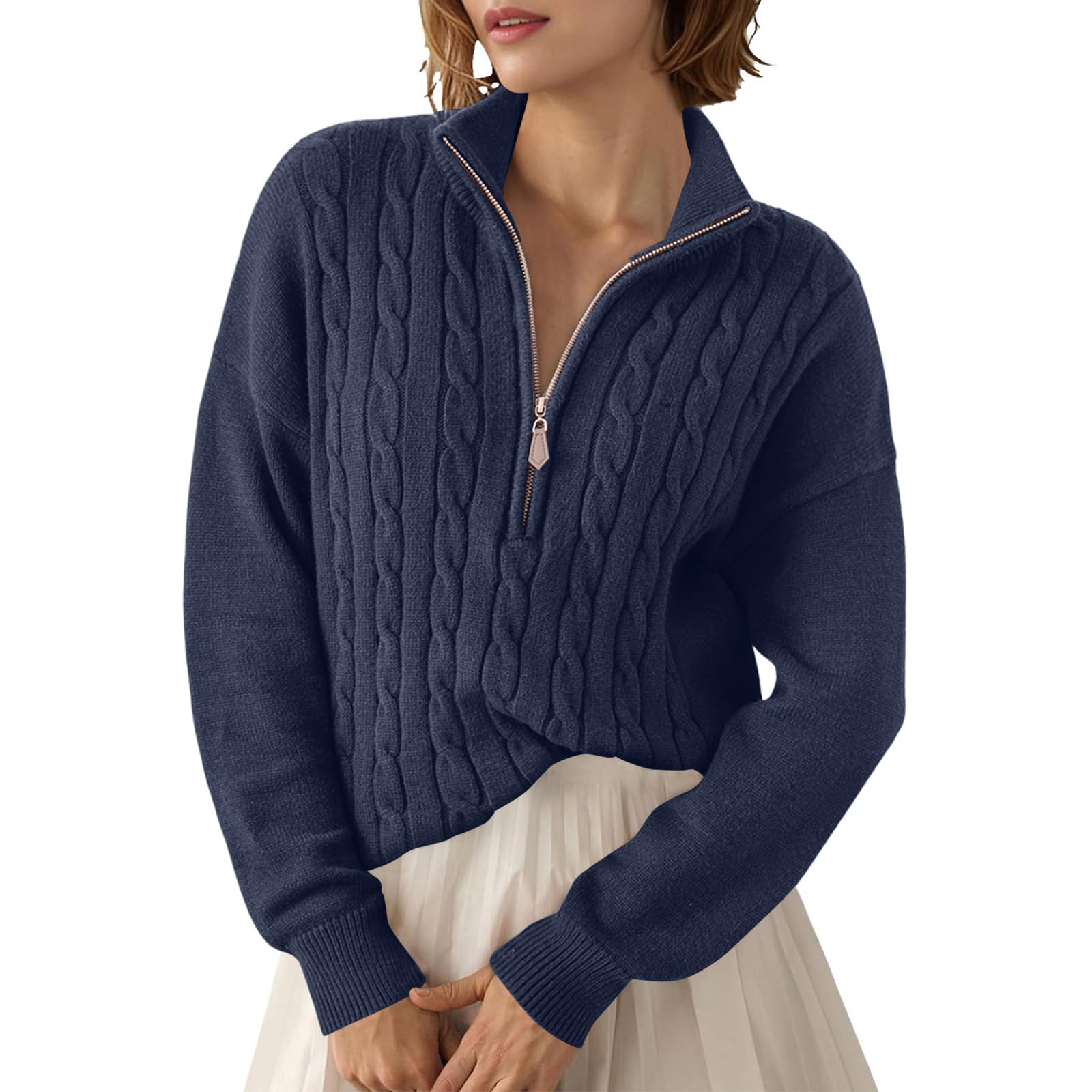 Quarter Zip Pullover Women 1 4 Zip V Neck Texture Cable Knit Sweater Solid Casual Thermal Cozy Pullover