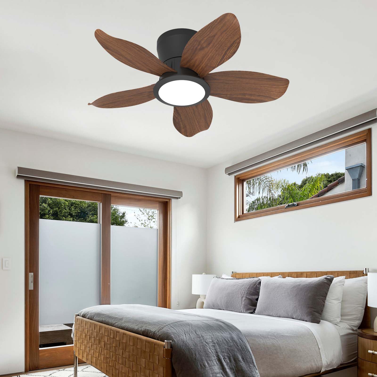 HXYSXHJUO 65CM Smart Ceiling Fan with Light, APP & Remote Control, Dimmable LED, 6 Speeds Timer, Quiet DC Motor Chandelier A for Bedroom Living Room Flush Mount-Brown Wood Grain